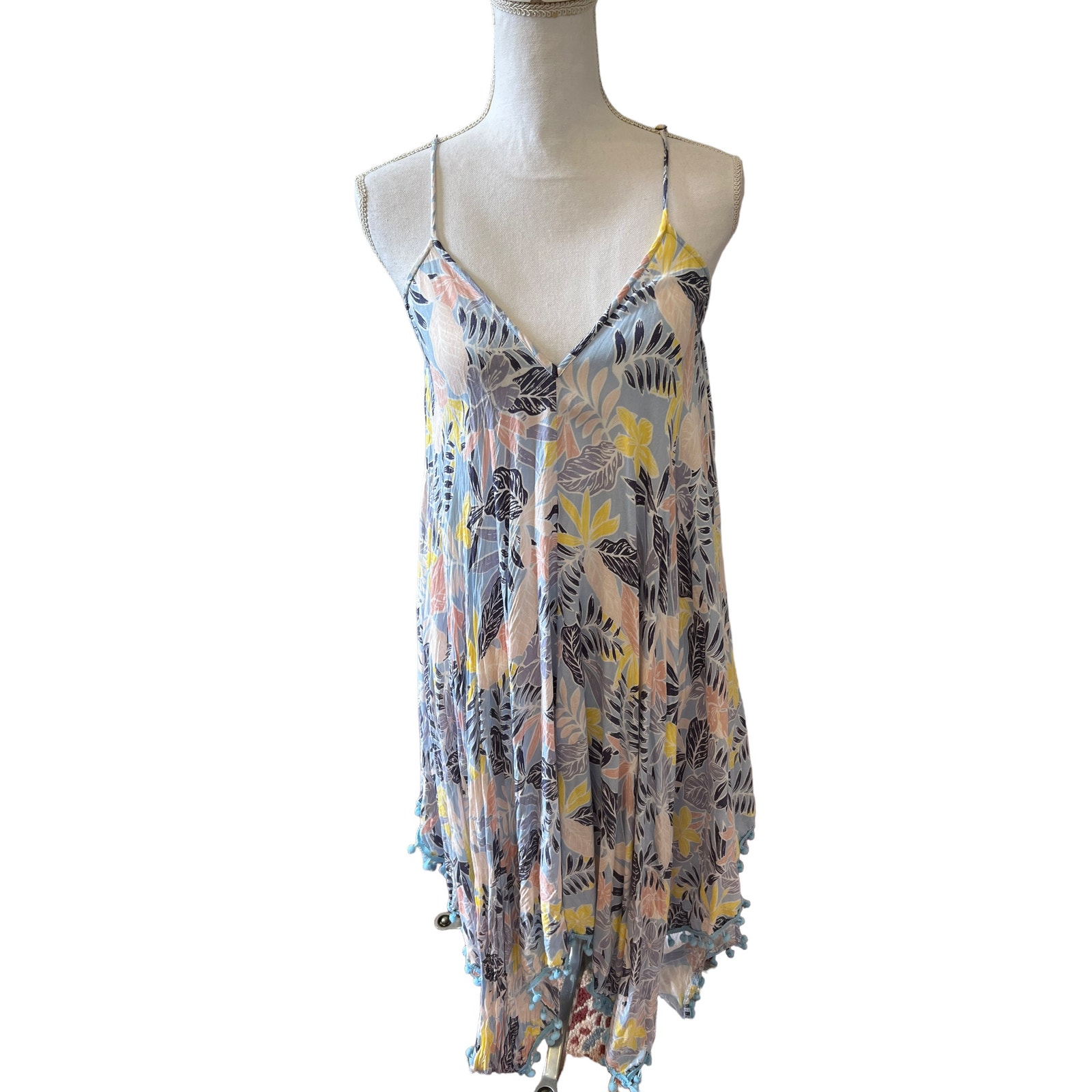 Japna Trapeze Cover Up Resort Dress Blue Palm Print M